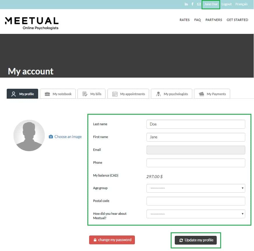 Update profile information Meetual